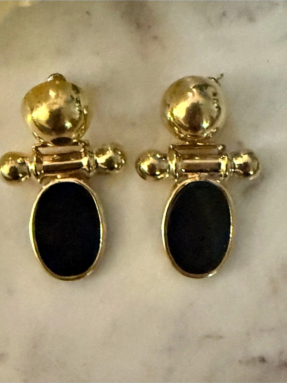Vintage 14K Gold Blw Onyx Stone Door Knocker Style Earrings